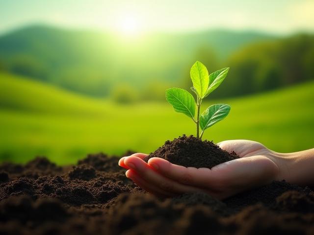 Hand som planterar en liten grön planta i jorden, med styliserade obligationer i bakgrunden, symboliserande gröna obligationer.