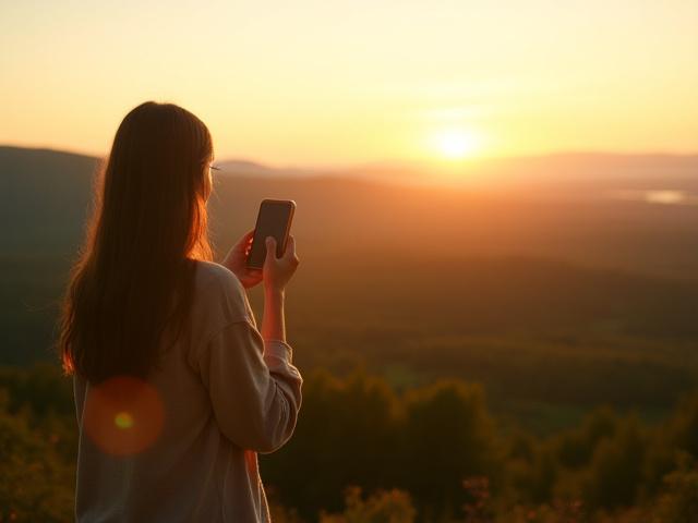 Kvinna tittar ut över naturen istället för på sin telefon