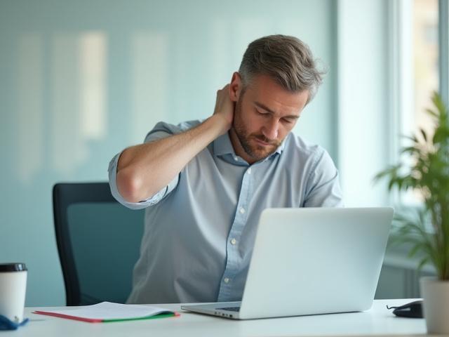 Person gör lätta stretchövningar vid ett skrivbord