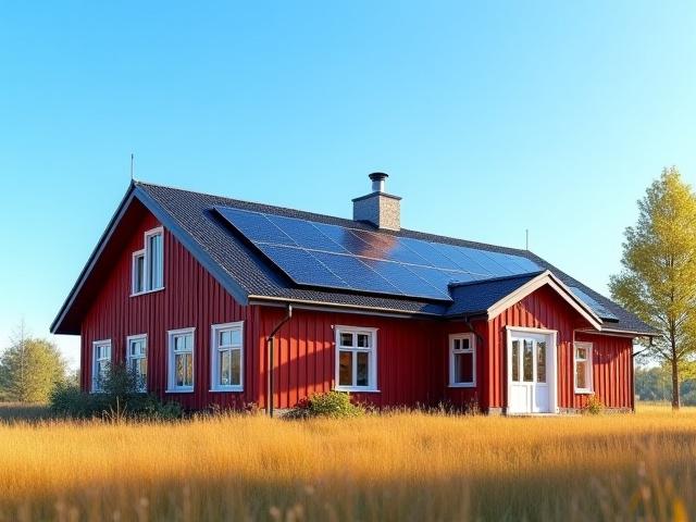 Bild på solpaneler på ett hustak i solsken