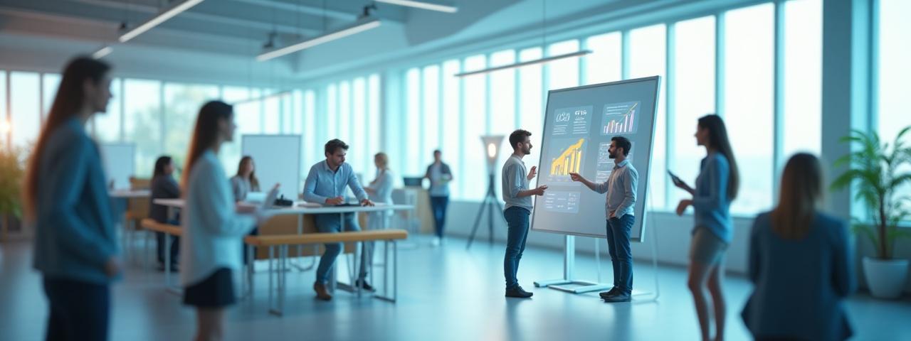 En inspirerande bild av en startup-miljö med kreativa individer som samarbetar och en digital instrumentpanel i förgrunden, som signalerar tillväxt och innovation.