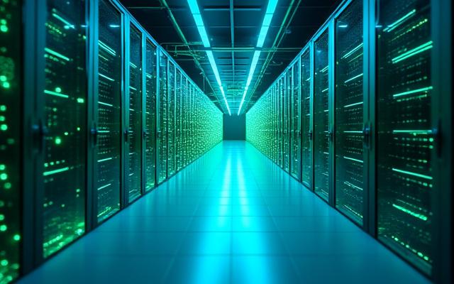 En avbildning av en datacentral där energiförbrukningen optimeras av AI, med gröna flöden och ljussken.