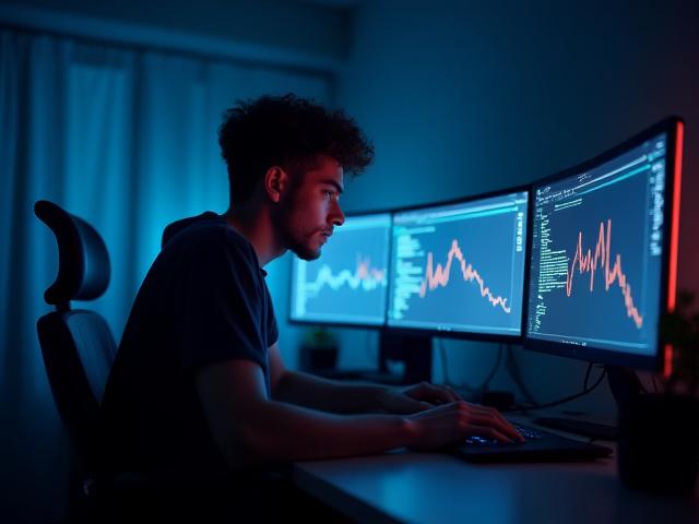 Ung person arbetar med flera skärmar, symboliserar digitala möjligheter och distansarbete.