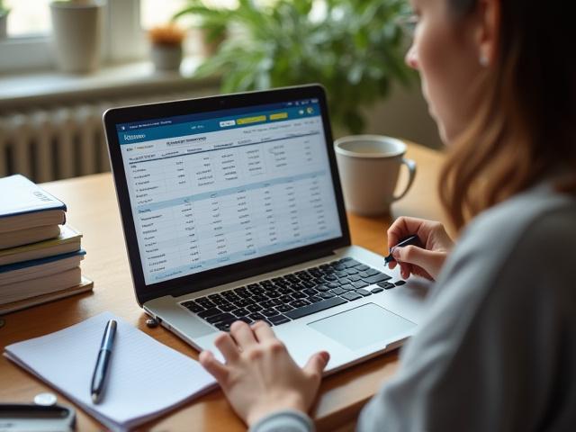 Student räknar pengar och gör budget vid bord med laptop och kaffe.