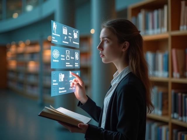 Ung student väljer mellan böcker och digitala ikoner, representerar studieval.